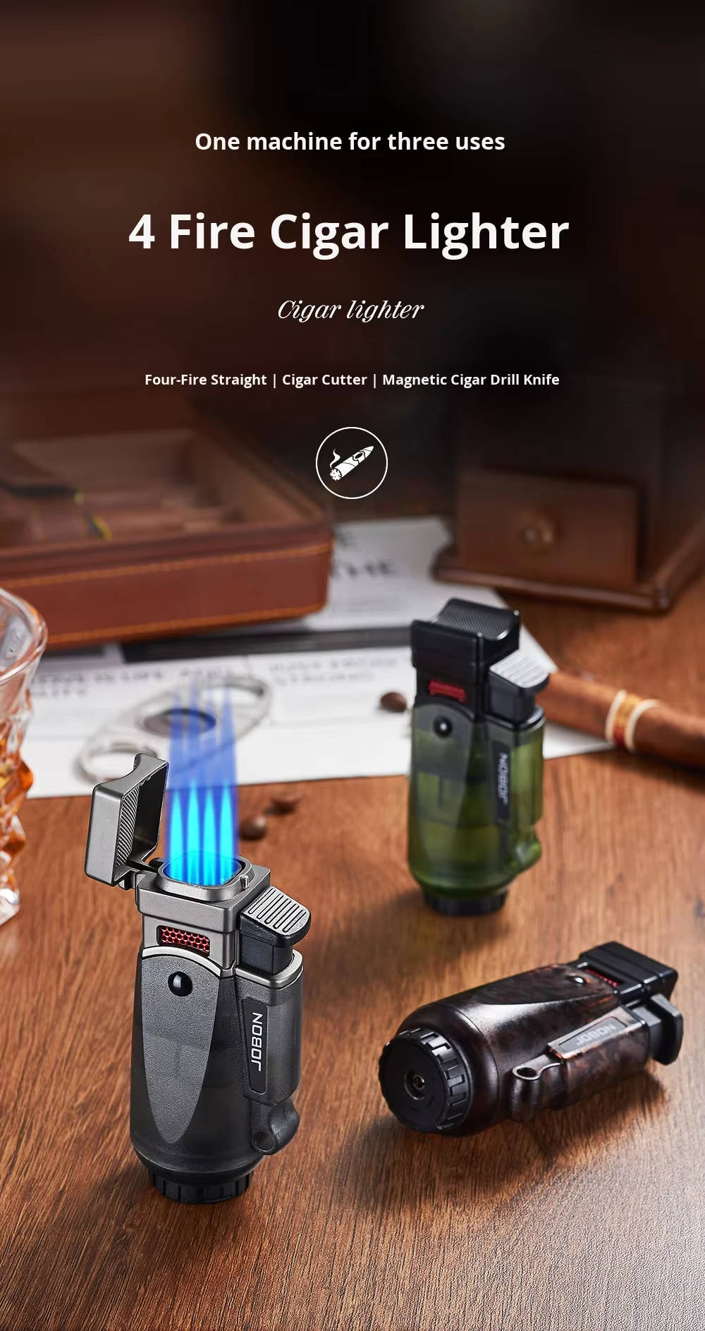 ZB-331Multifunctional metal cigar lighter with blue flame, four-direction direct spray, windproof design, transparent chamber, gift box.(NO.gas)