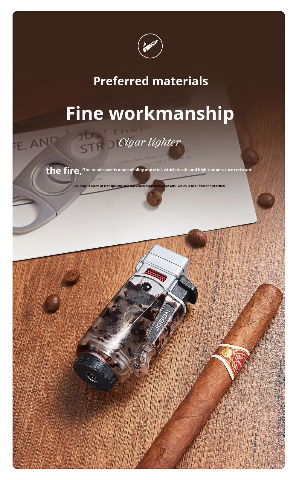 ZB-331Multifunctional metal cigar lighter with blue flame, four-direction direct spray, windproof design, transparent chamber, gift box.(NO.gas)