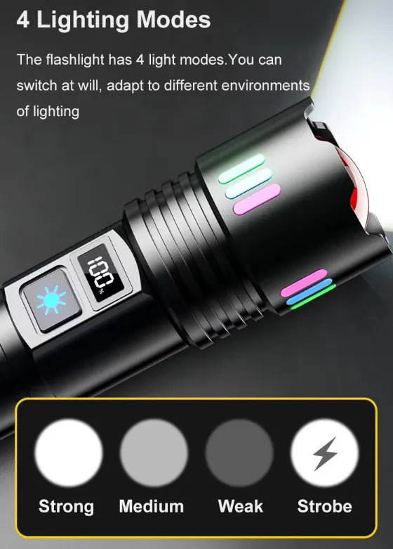 W-509Super-bright zoom flashlight with powerful zoom function, tactical white laser, rechargeable, LED flashlight, with power indicator