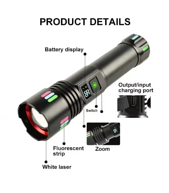 W-509Super-bright zoom flashlight with powerful zoom function, tactical white laser, rechargeable, LED flashlight, with power indicator